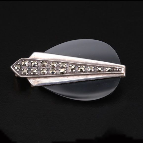Vintage Art Deco Sterling And Onyx Brooch - Picture 1 of 6